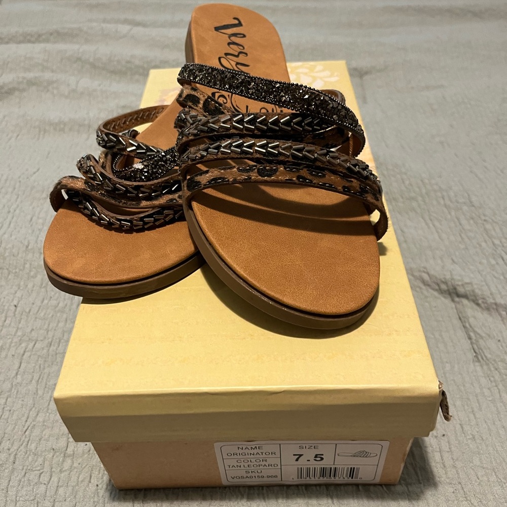 Very G Leopard Beaded strappy slip on sandals